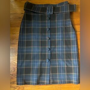 Maeve Anthropologie Pencil Skirt Navy Blue Plaid Button Front Belted